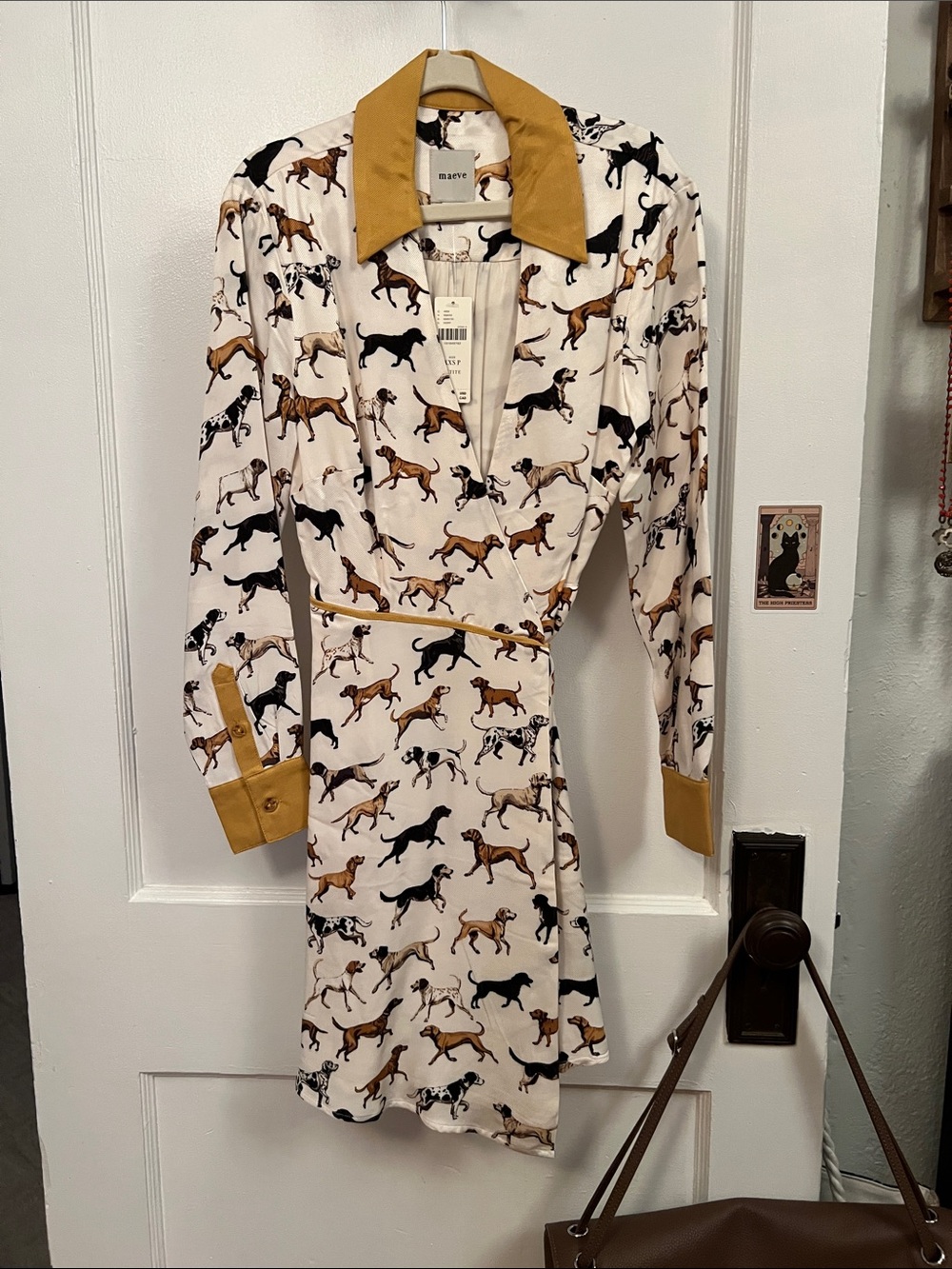 Dog-Print Wrap Dress with Mustard Trim Anthropologie Style